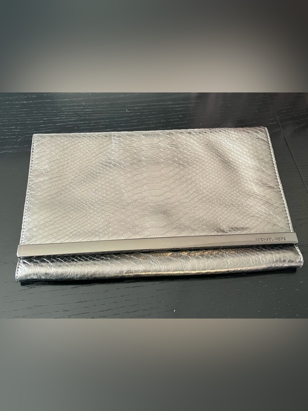 Michael Kors Metallic Silver Gray Snake-Embossed Fold-Over Clutch
